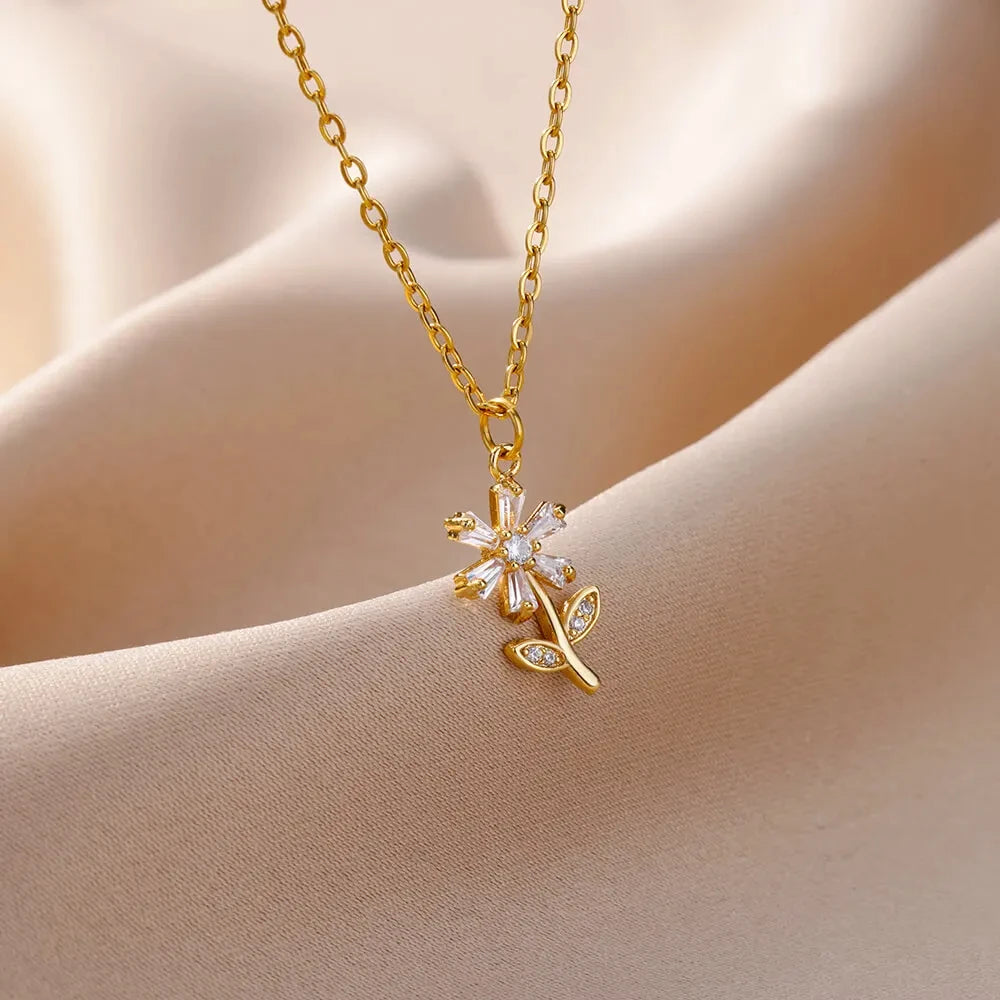 Butterfly Zircon Necklace For Women Luxury Flower Gold Color Stainless Steel Chain Adjustable Necklace Wedding Jewelry Gift New