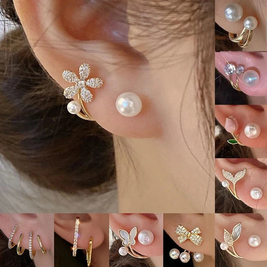 Korean Vintage Pearl Crystal Earrings For Women Jewelry High-class Luxury Zircon Flower Butterfly Leaf Women's Stud Earrings