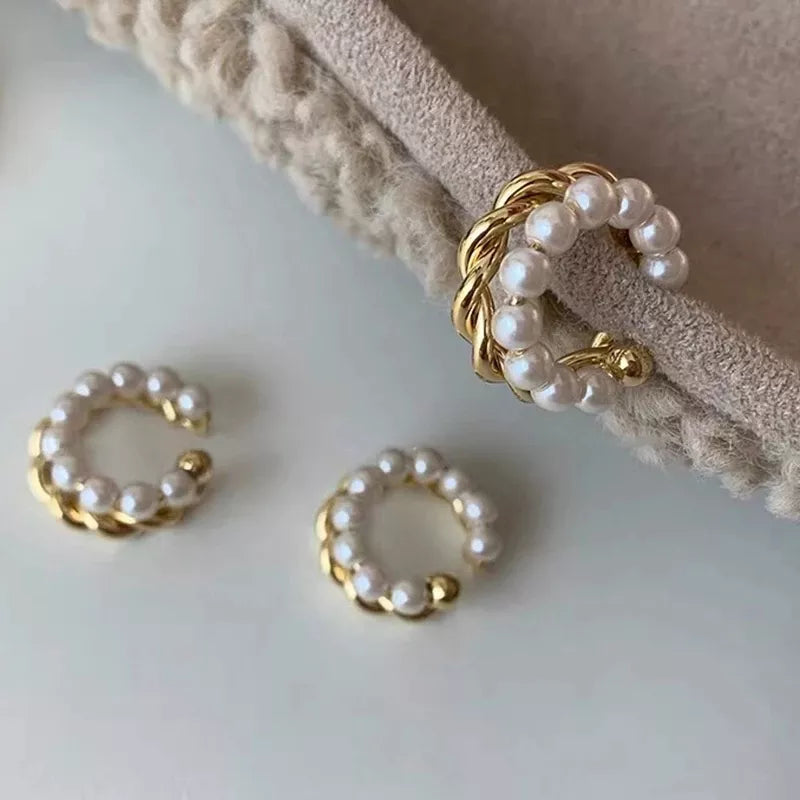 New Korean Gold Color Double Circle Twist Pearl Ear Cuff Vintage Geometric Circle Earcuff Fake Piercing Pearls Clip on Earings