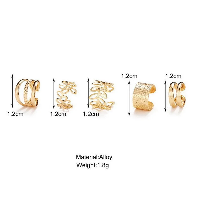 5Pcs/Lot New Vintage Gold Color Leaves Ear Cuff Non-Piercing Fake Cartilage Clip Earrings For Women Men Creative Trend Jewelry